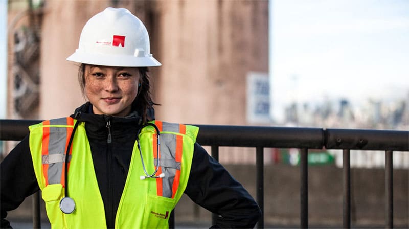 Remote Medical employee with a hardhat
