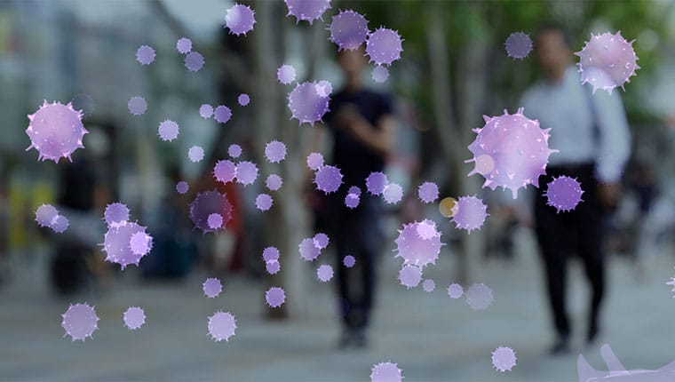 Coronavirus overlaying people walking on the sidewalk