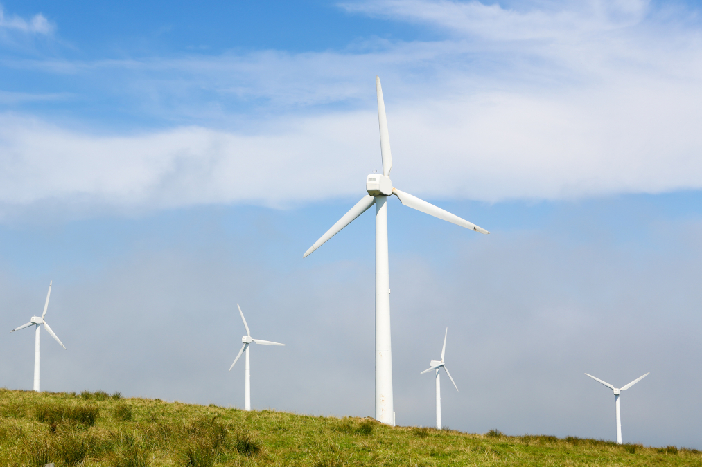 A picture of an onshore wind turbine farm with green grass.